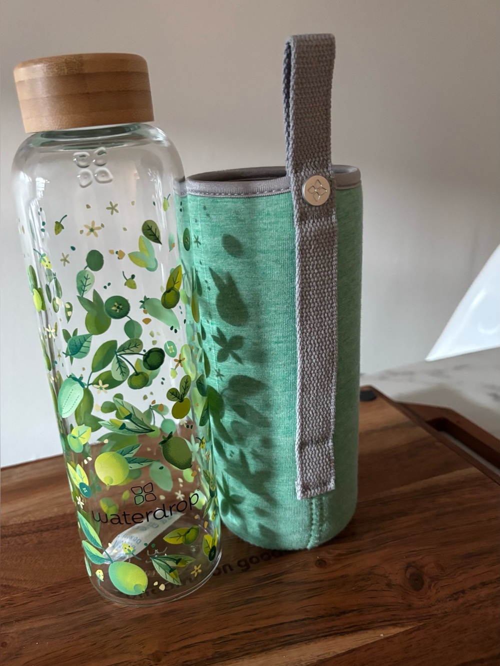 Waterdrop Glass Bottle with Green Lemon & Leaf Print “set of 2